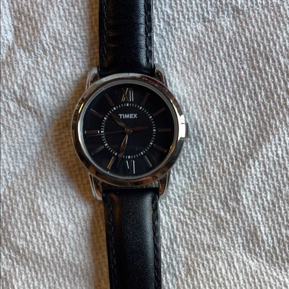 Timex Silver and Black Leather Watch